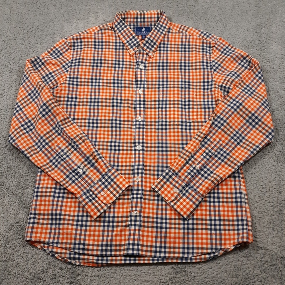 Wool & Prince Shirt Mens XL Orange Blue Worsted Wool Button Down